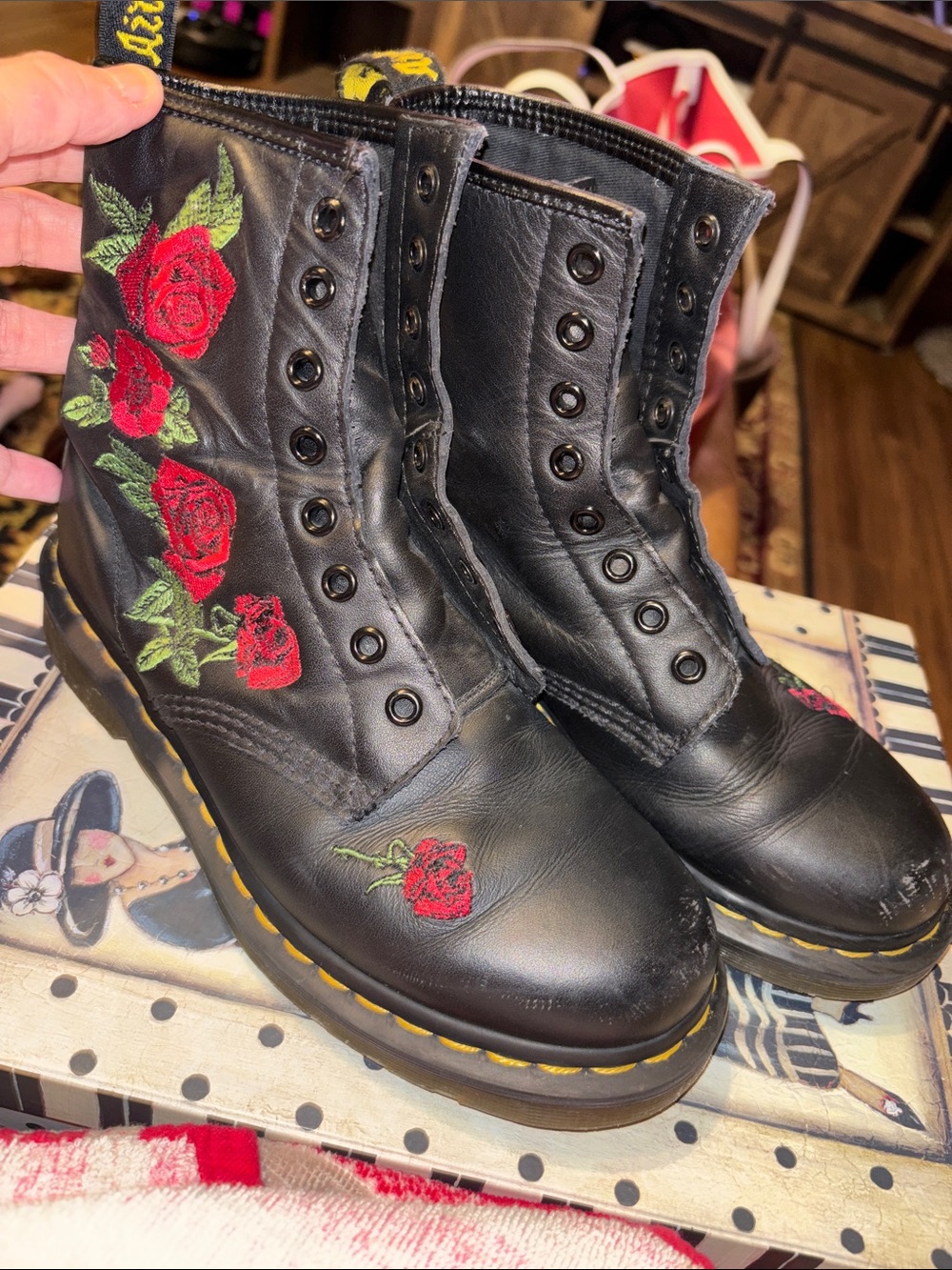 Dr. Martens Black Leather Combat Boots with Red Rose Embroidery